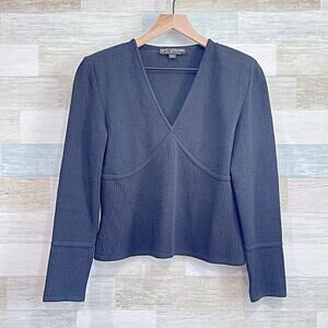 St John Long Sleeve Ribbed Santana Knit Shell Top Black V Neck Womens Small